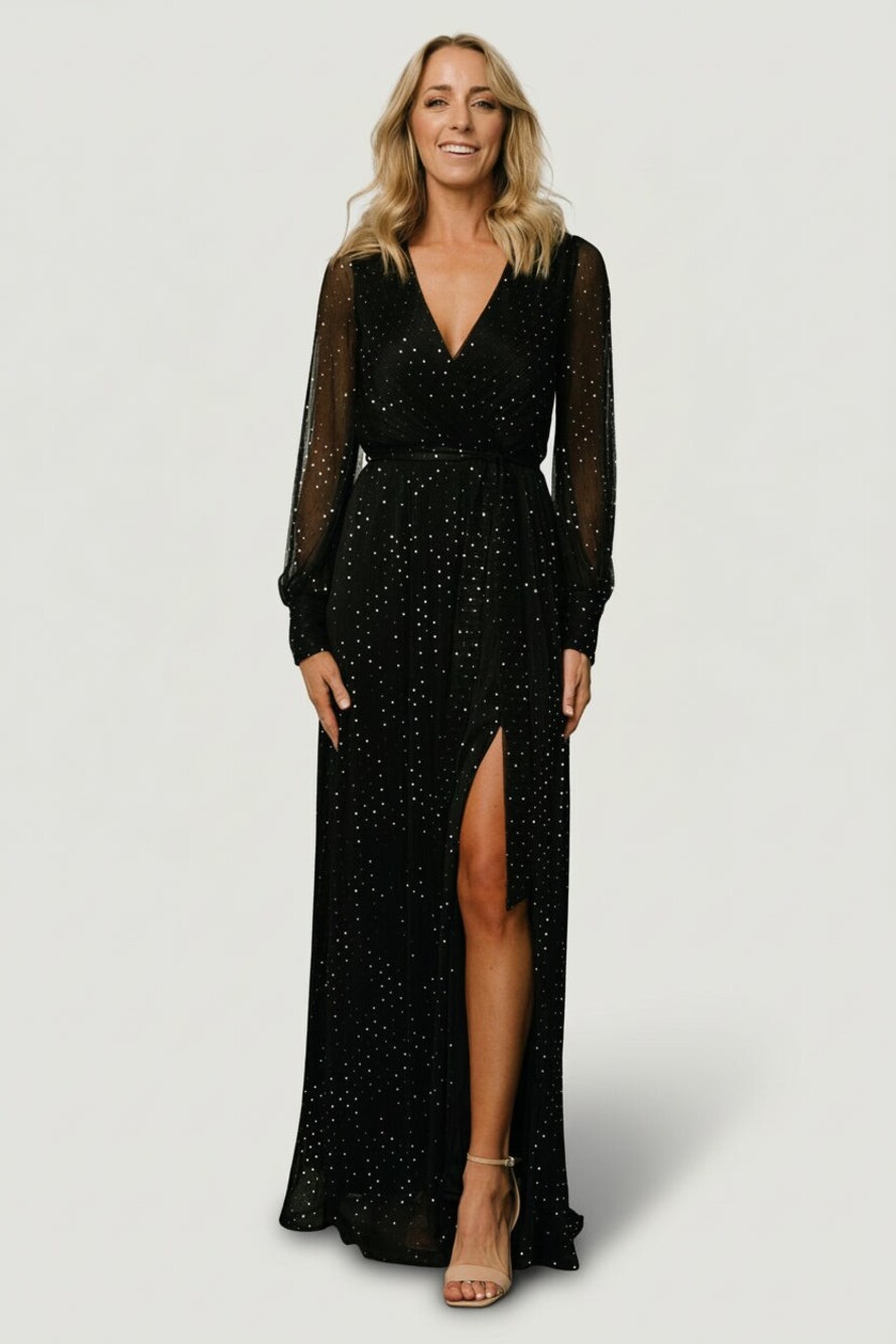 Baltic Born Black Chiffon Abigail Sparkle Wrap Maxi Dress V-Neck Long Sleeve, L